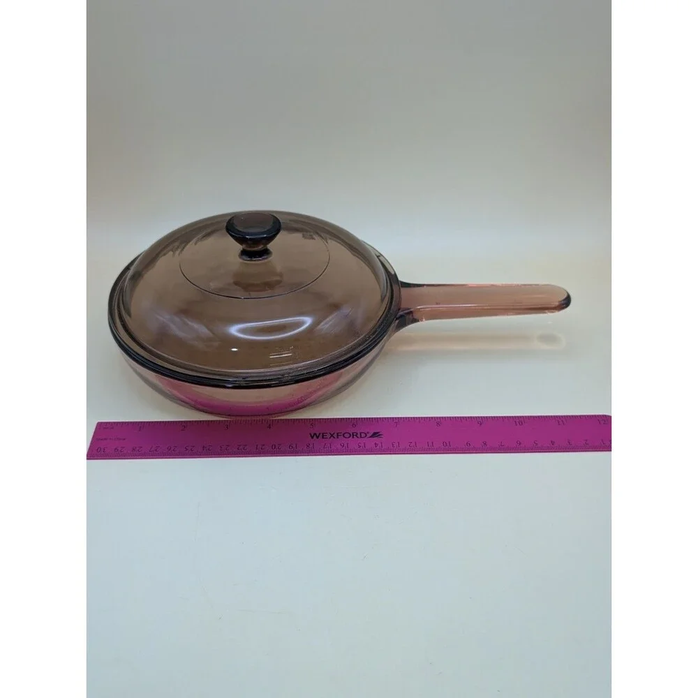 Vtg Corning Ware Visions Amber 7 Inch Frying Pan Waffle Bottom & Pyrex Lid V1.5C